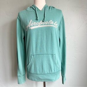Aeropostale Women's Aqua Teal Y2K Logo Hoodie Pullover Sweatshirt Medium